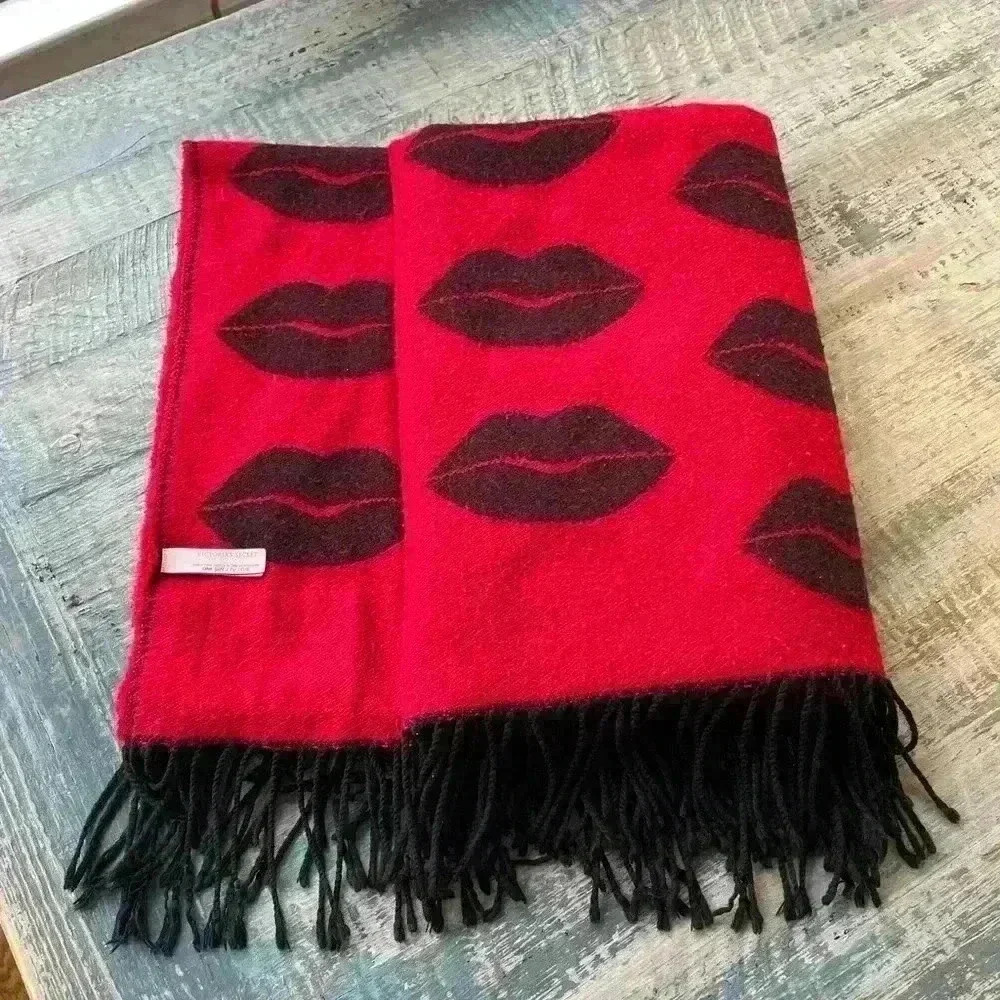 Victoria’s Secret Throw Blanket Red Black Lips with black fringe on ends